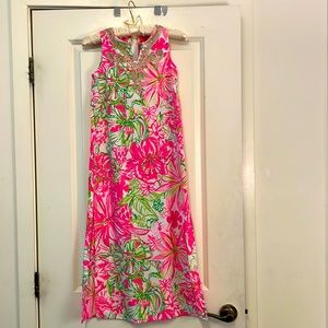 Girls Lilly Pulitzer Classic Green and Pink Maxi Dress with Gold Brocade